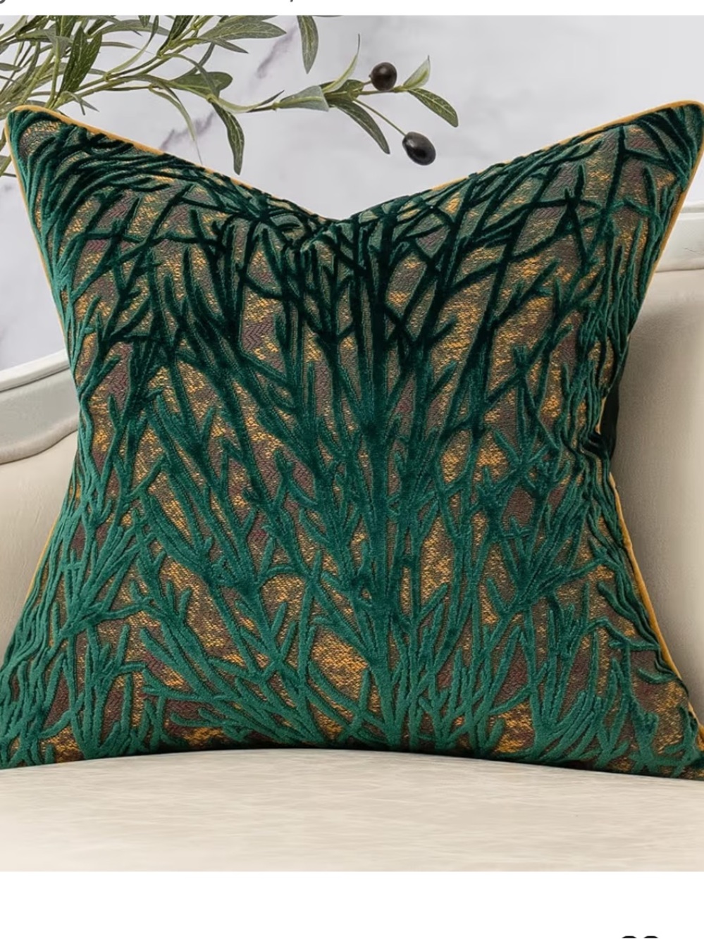 Green Twigs VELVET Throw Pillow Cover SQUARE 18x18” (1-count)